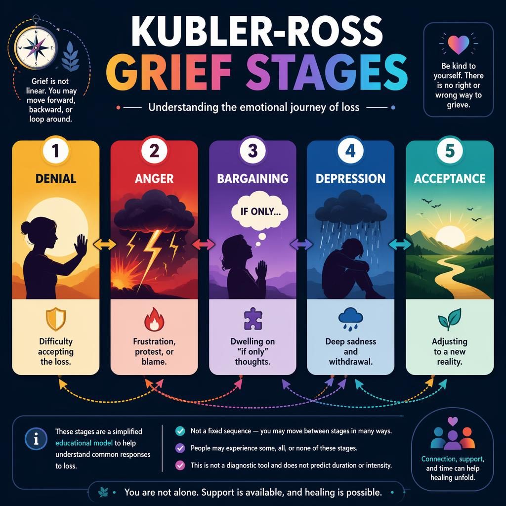 Editorial psychology infographic with 5 numbered cards showing Kubler-Ross grief stages, icons, captions, and flow cues.