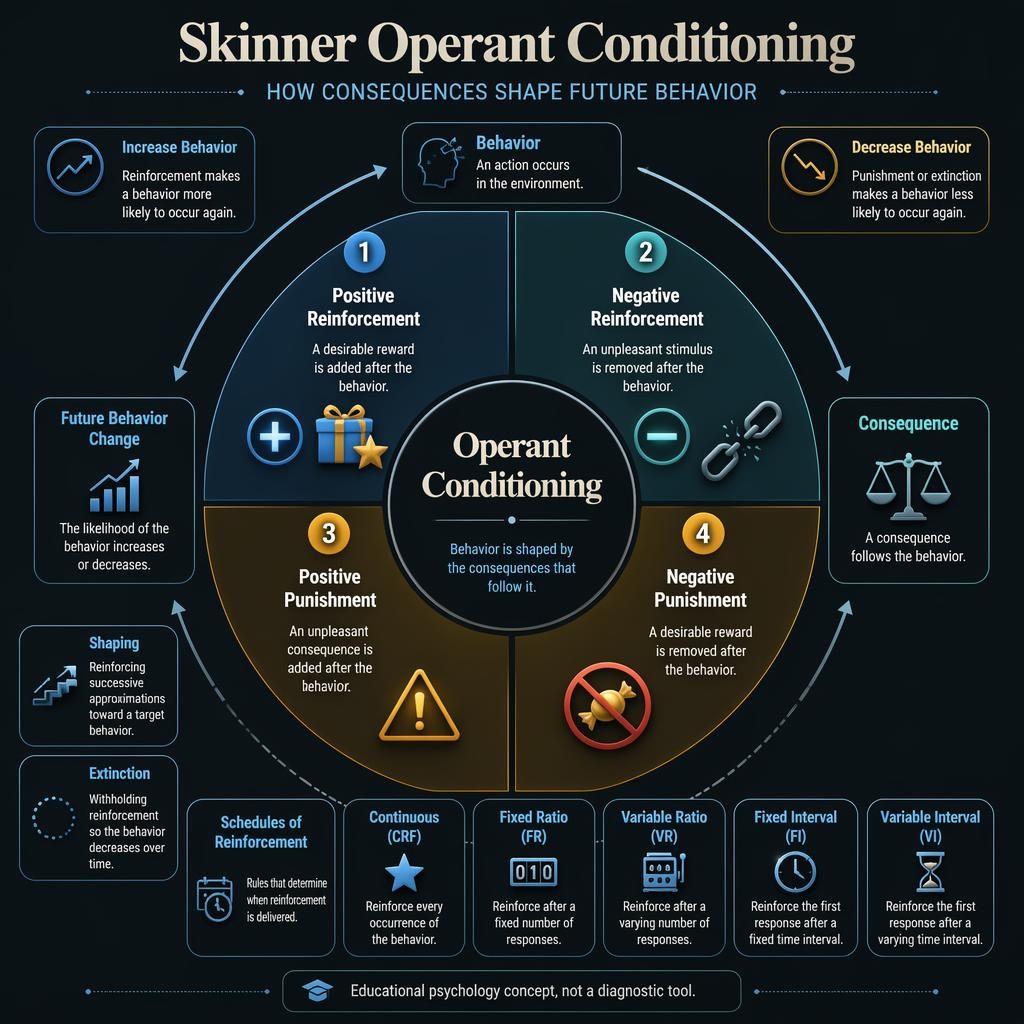 Dark-mode academic infographic wheel on operant conditioning with four numbered segments, icons, arrows, and concept cards.