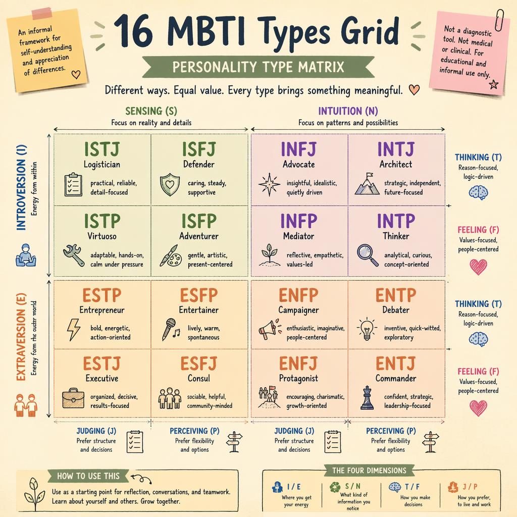 Sketchnote-style infographic showing a 4x4 grid of all 16 MBTI types with names, traits, icons, arrows, and sticky notes.