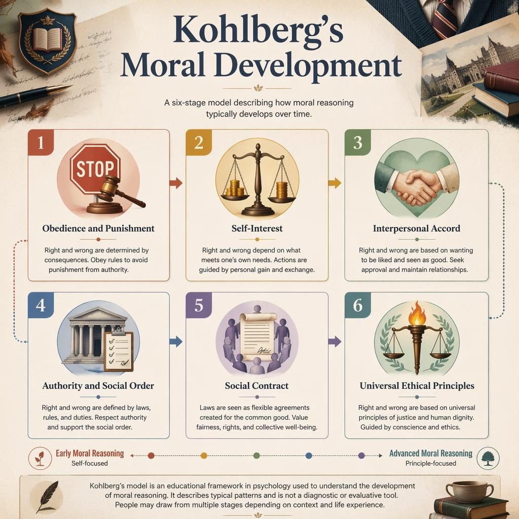 Editorial infographic with 6 numbered cards in a 3x2 grid showing Kohlberg's moral development stages with icons and captions.