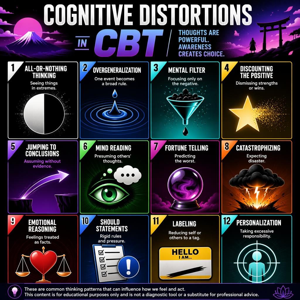 Poster-style psychology infographic grid with 12 CBT cognitive distortions cards, bold gradients, icons, and English captions.