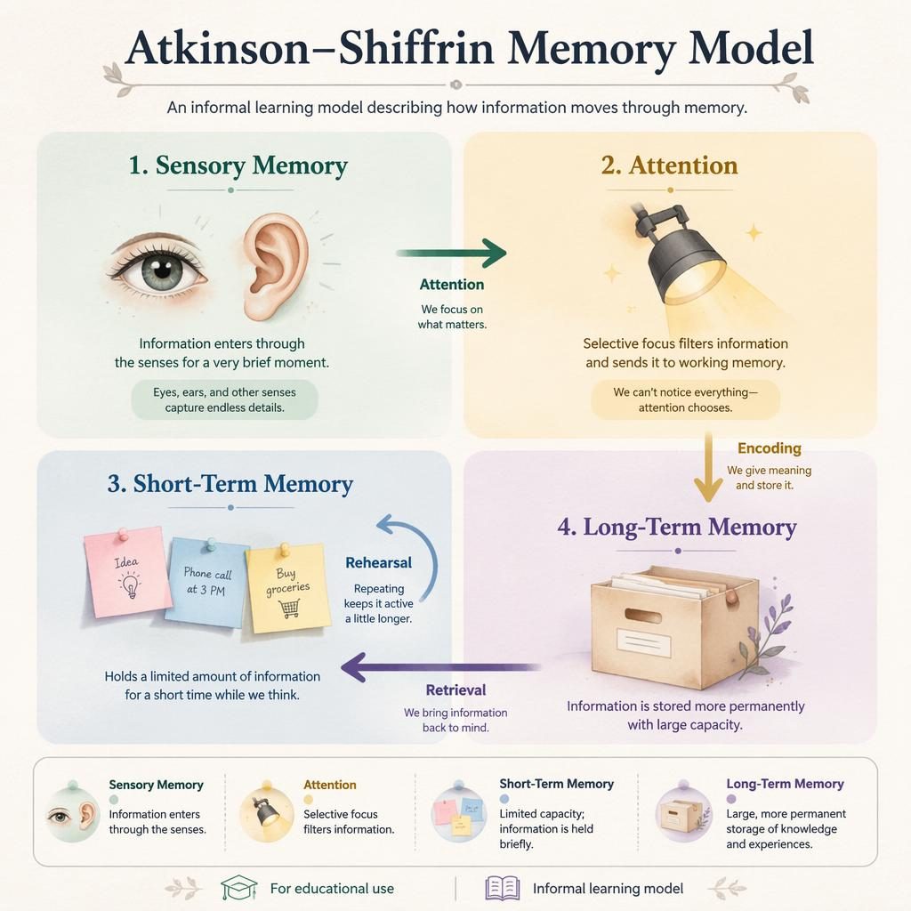 Pastel psychology infographic of the Atkinson–Shiffrin memory model with four quadrants, icons, arrows, and English labels.