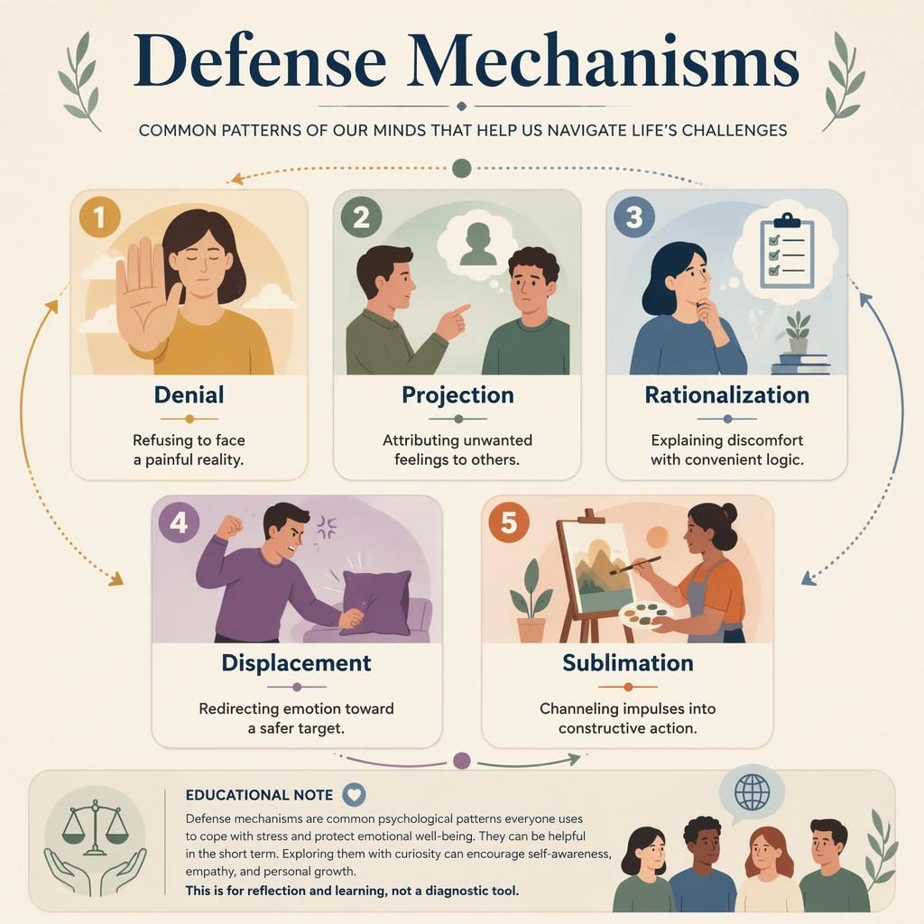 Infografía psicológica con 5 tarjetas numeradas, iconos modernos, paleta arcoíris suave y notas educativas en inglés.