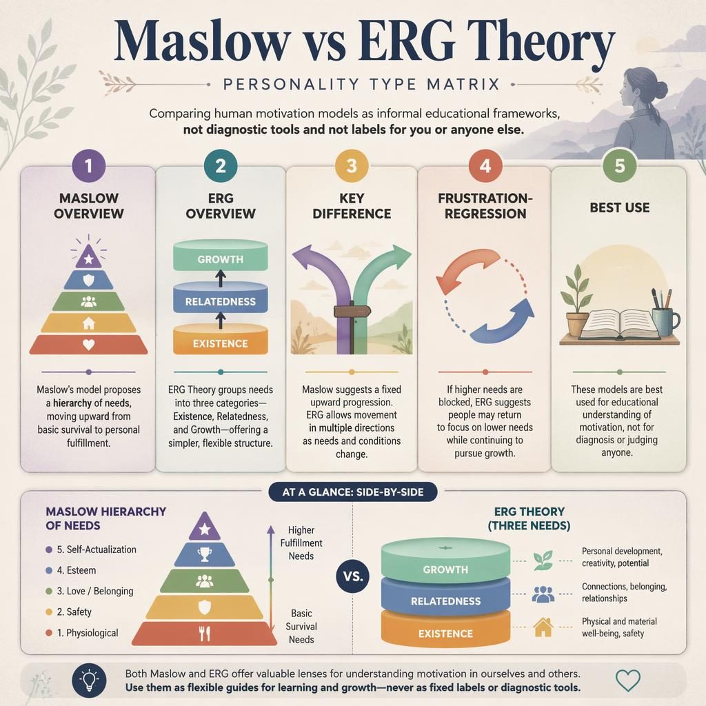 Editorial infographic with 5 numbered cards comparing Maslow and ERG theory, icons, mini pyramid-vs-stack panel, muted rainbow.