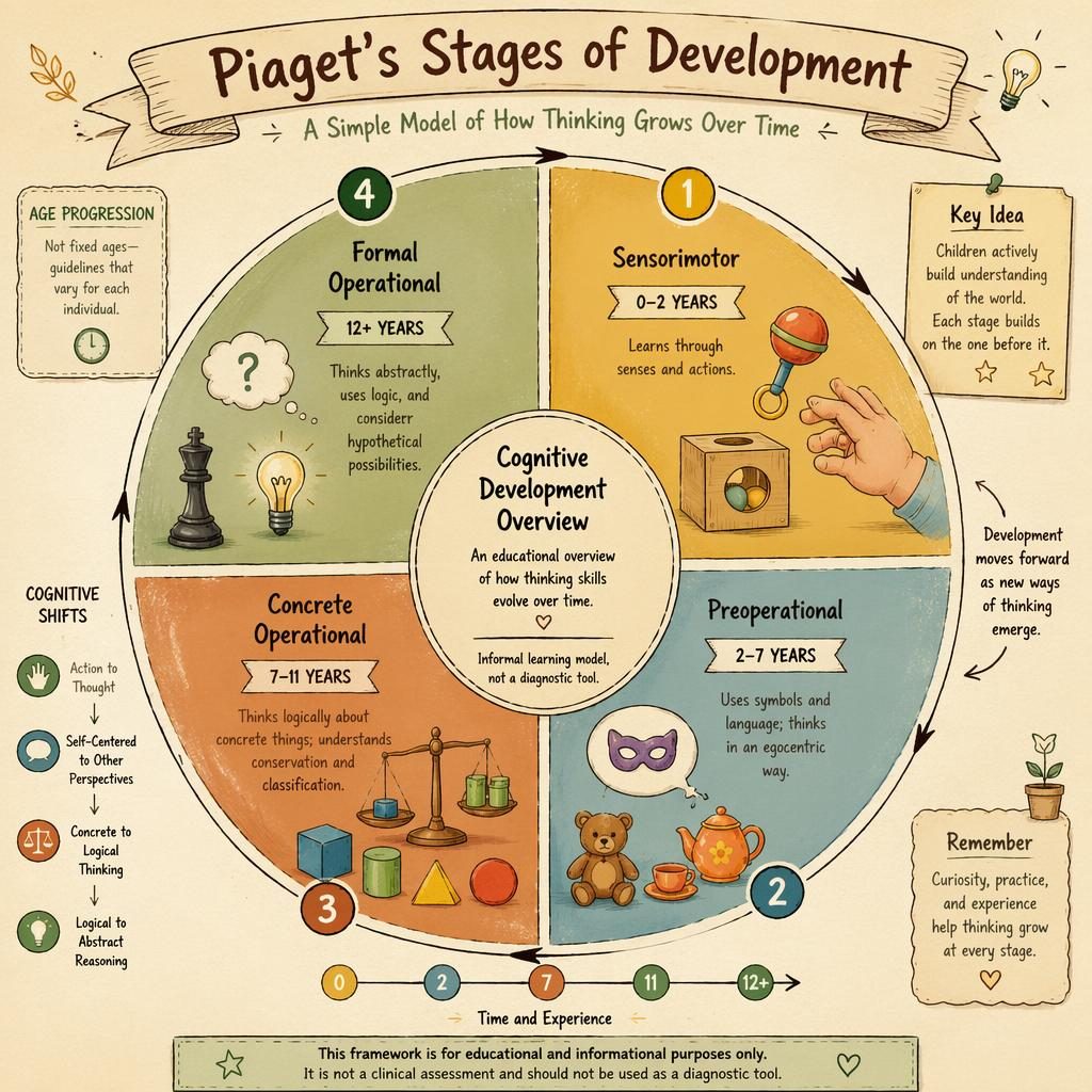 Hand-drawn circular infographic of Piaget's 4 stages with icons, arrows, age ranges, and warm earth sketchnote style.