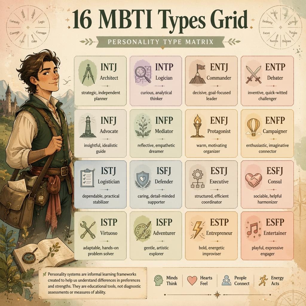 Hand-illustrated 4x4 MBTI types grid infographic in sage and blush with 16 labeled cards and subtle circular motifs.