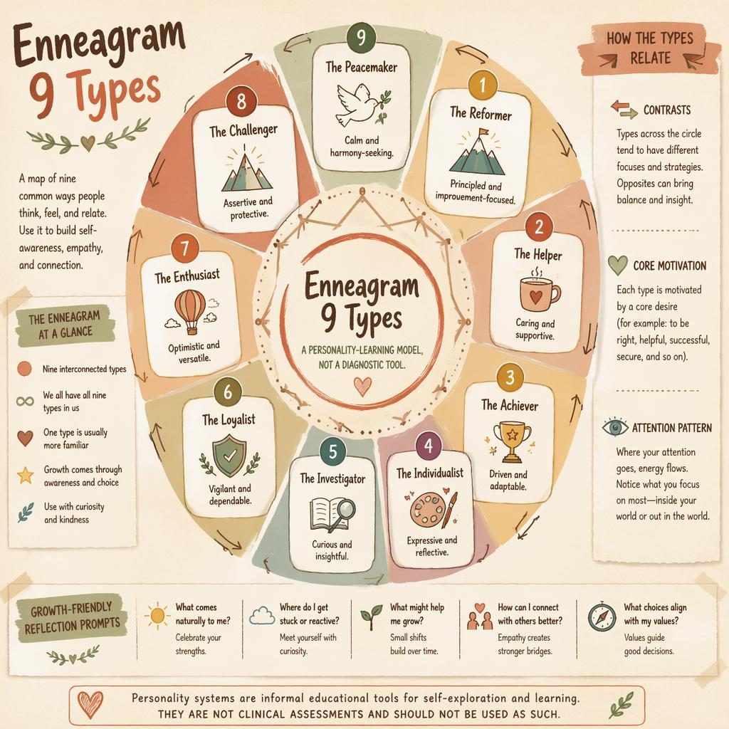 Sketchnote-style psychology wheel infographic with 9 personality type segments, icons, captions, and warm earth tones.