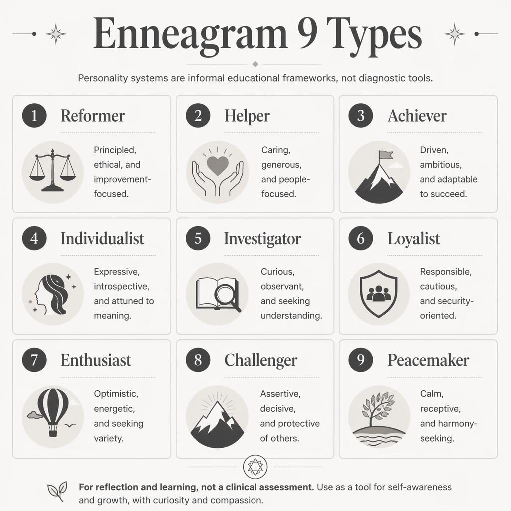 Infographie éditoriale en grille 3x3 sur les 9 types de l’Ennéagramme, cartes numérotées, icônes simples et palette monochrome.