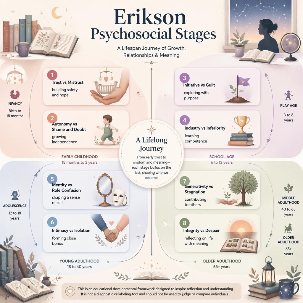 Pastel 4-quadrant infographic of Erikson psychosocial stages with 8 numbered cards, icons, center hub, arrows, and life phases.