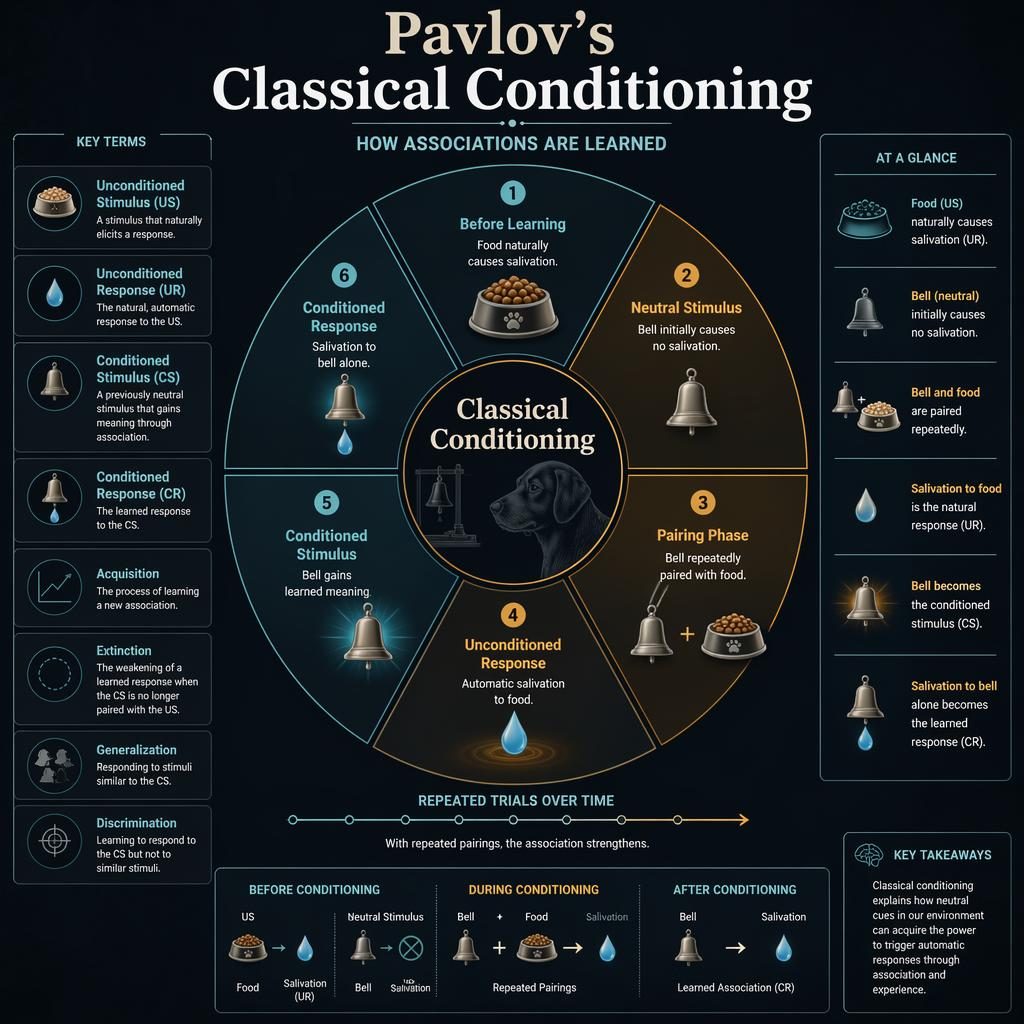 Dark mode psychology infographic wheel showing Pavlov classical conditioning cycle with 6 numbered segments, icons, term cards, and timeline.