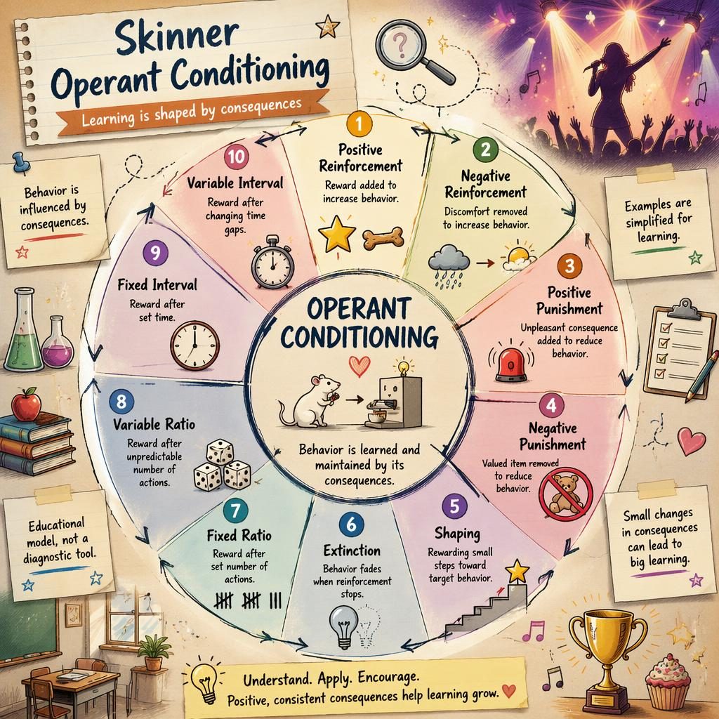 Sketchnote-style operant conditioning wheel infographic with 10 numbered behavior concepts, icons, side notes, and warm earth tones.