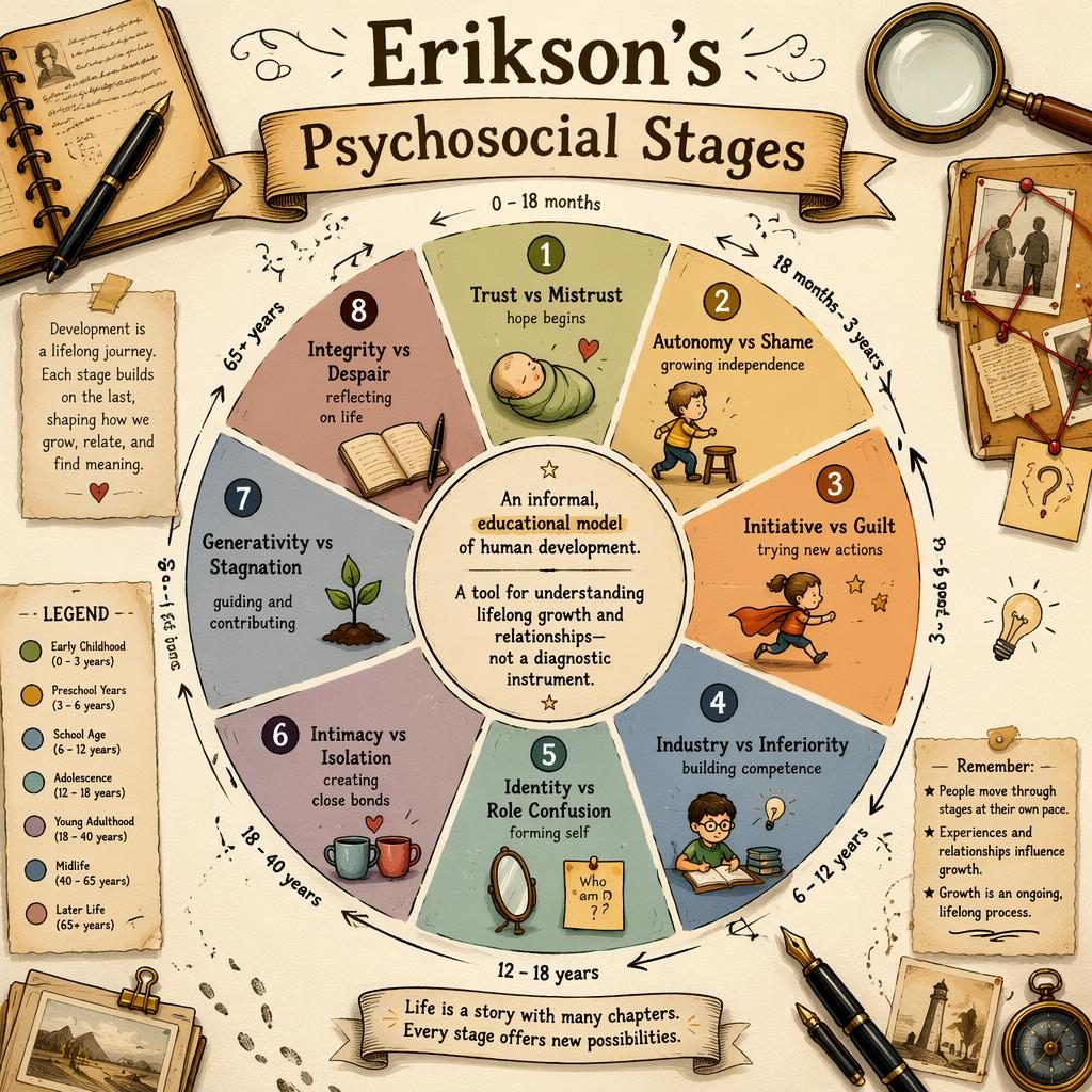 Sketchnote psychology infographic wheel of Erikson's 8 psychosocial stages with icons, arrows, age ranges, and warm vintage motifs.
