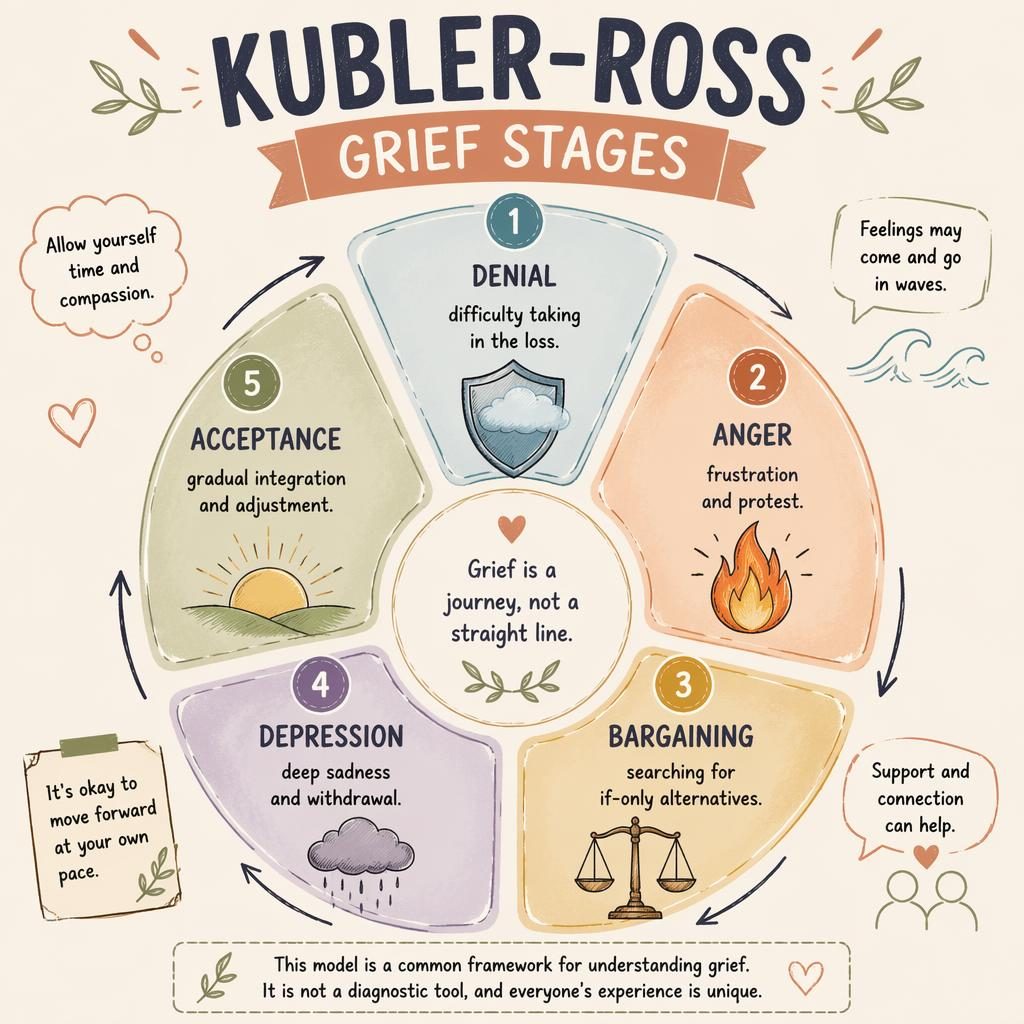 Sketchnote-style psychology infographic showing a 5-part grief stages wheel with icons, warm earth tones, and English labels.