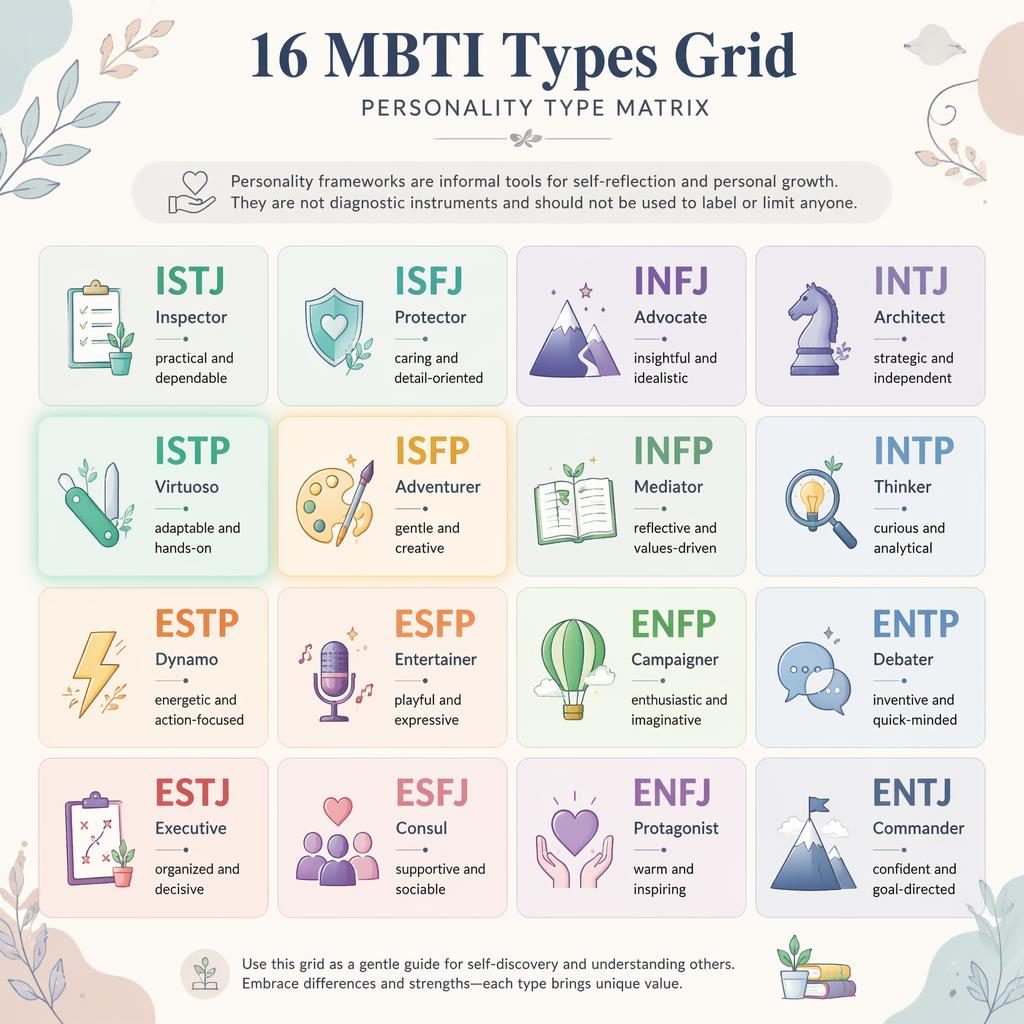 Pastel psychology infographic showing a 4x4 grid of 16 MBTI types, with subtle emphasis on ISFP and ISTP cards.