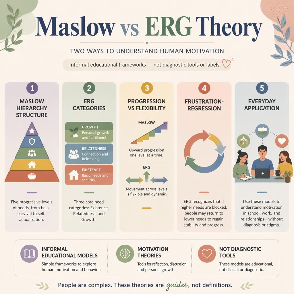 Editorial psychology infographic comparing Maslow and ERG with 5 numbered cards, icons, muted rainbow palette, and sidebar notes.