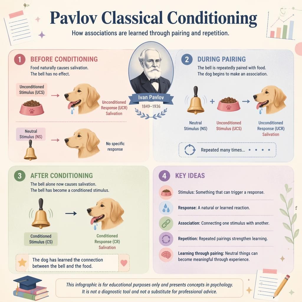 Infografía de psicología en 4 paneles pastel con Pavlov, perro, campana, comida, flechas y notas educativas en inglés.
