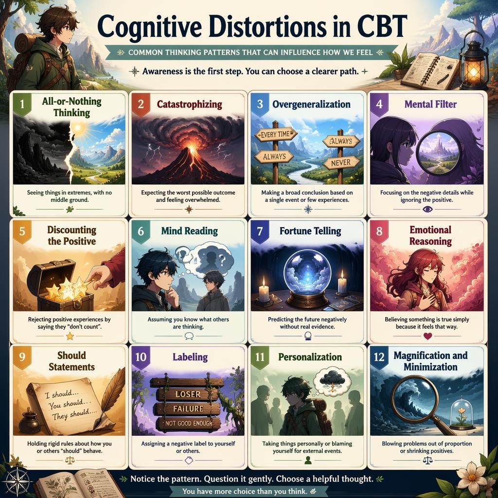 Editorial CBT infographic with 12 numbered cognitive distortion cards, icons, bold gradients, and anime-inspired fantasy mood.