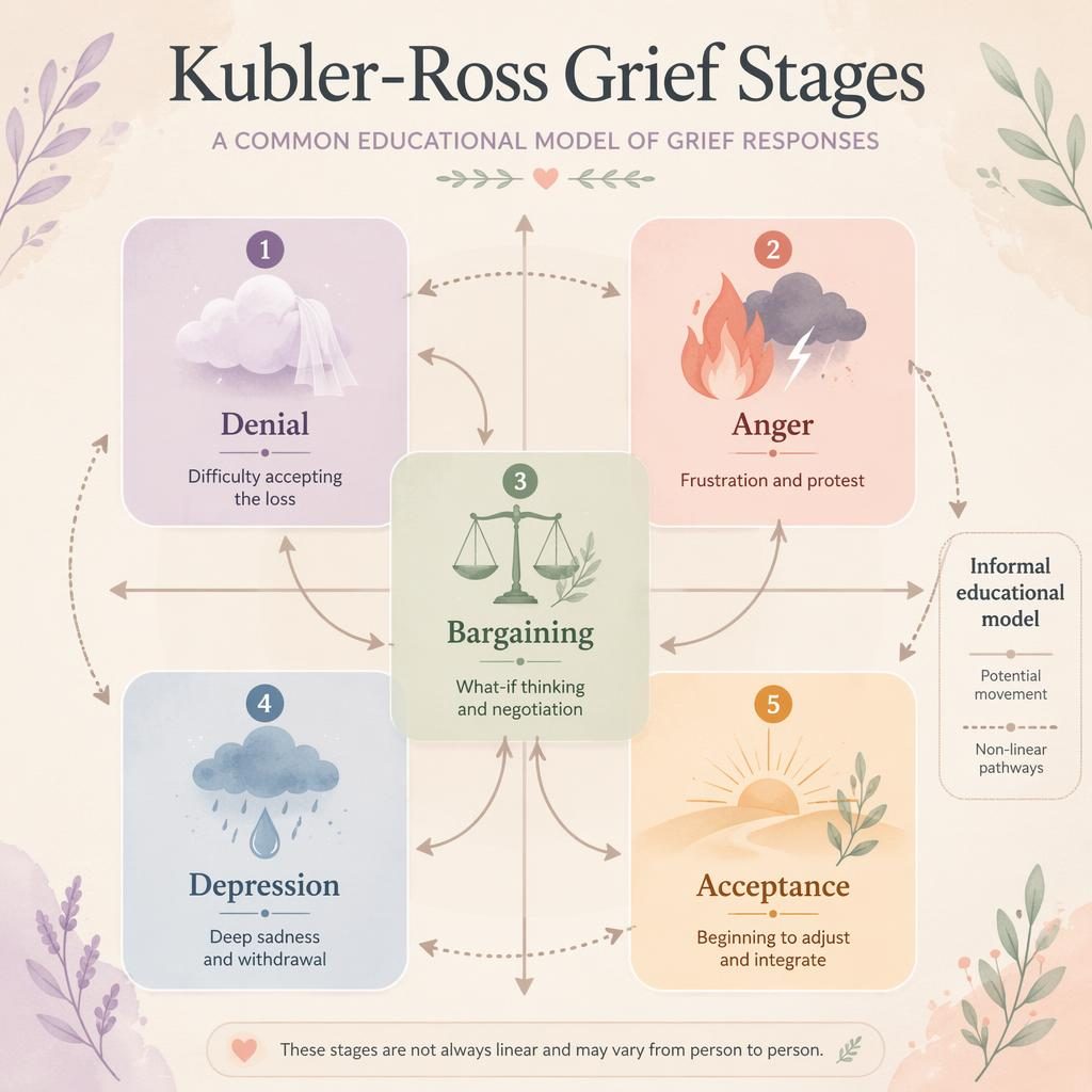 Pastel psychology infographic with a central quadrant chart showing 5 Kubler-Ross grief stages, icons, arrows, subtitle, legend, and footer note.