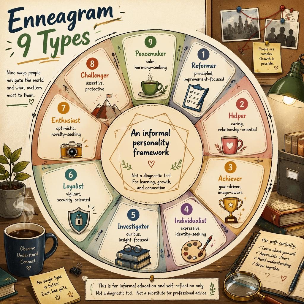 Hand-drawn Enneagram 9 types wheel infographic with 9 labeled segments, icons, warm earth tones, and education-only footer.