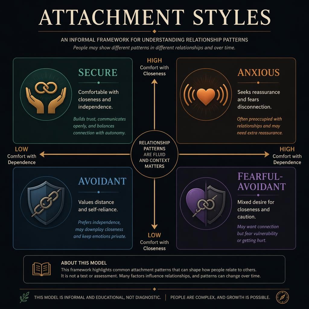 Dark-mode 2x2 attachment styles infographic with central axes, four labeled panels, icons, captions, and footer note.