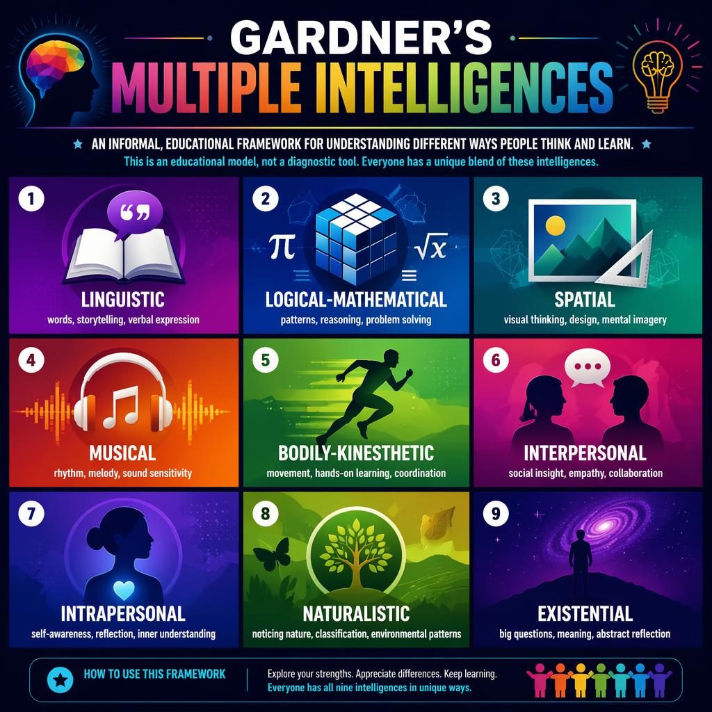 Infografía educativa en cuadrícula 3x3 sobre inteligencias múltiples, con 9 paneles, iconos modernos y fondos degradados.