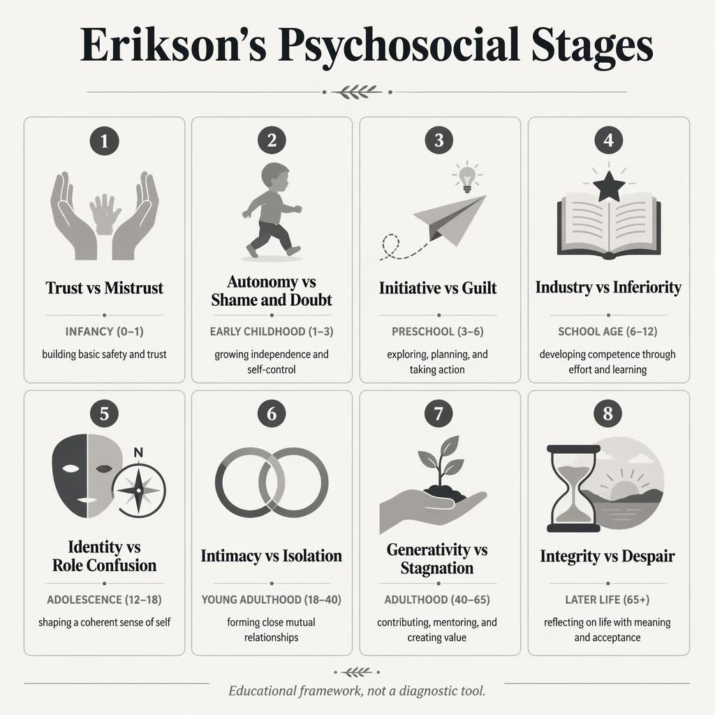 Monochrome educational poster grid with 8 numbered Erikson psychosocial stages cards, icons, age ranges, captions, and footer note.