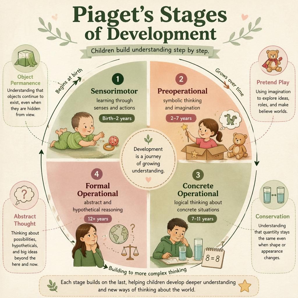 Warm illustrated psychology wheel infographic showing Piaget's 4 stages with age ranges, icons, arrows, sage and blush palette.
