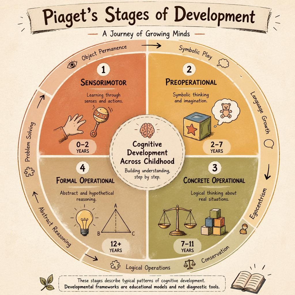 Hand-drawn educational wheel infographic of Piaget's 4 cognitive development stages with icons, age ranges, arrows, and notes.