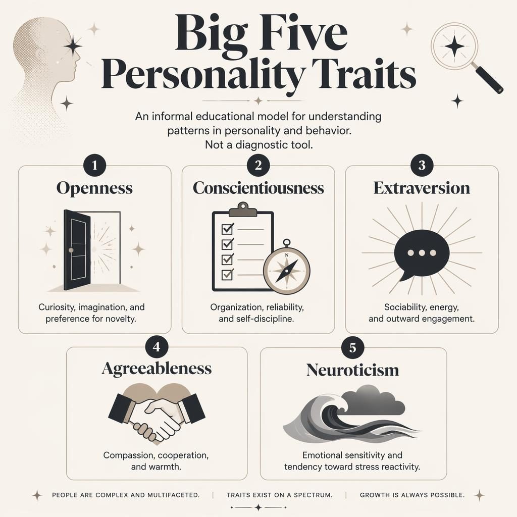 Monochrome Big Five personality traits infographic with 5 numbered cards, icons, English headings, and an educational subtitle.