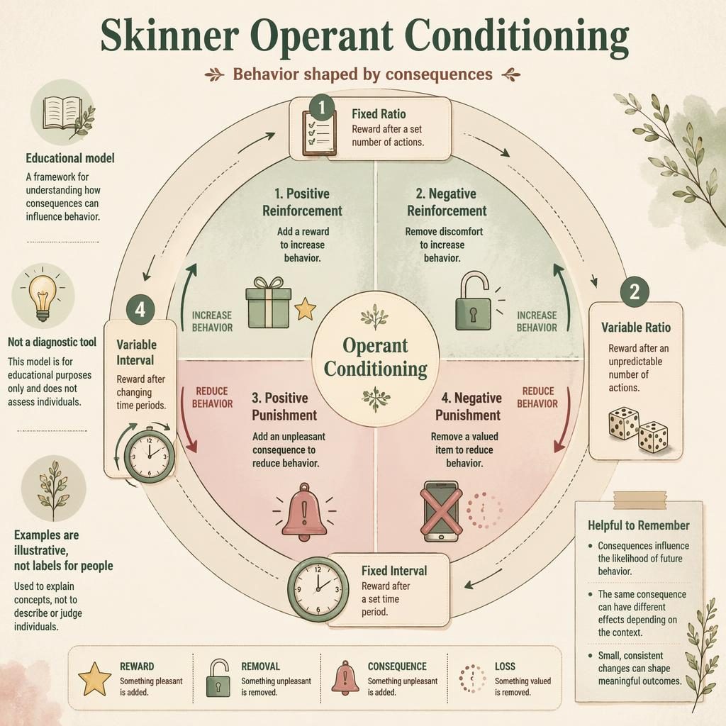 Circular operant conditioning infographic with concentric rings, labeled reinforcement and punishment segments, and schedule icons.