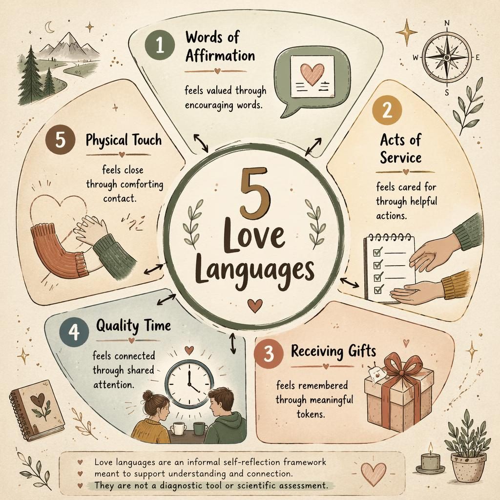 Infografía con rueda central de 5 Love Languages, cinco tarjetas numeradas, iconos y paleta cálida sobre papel texturizado.