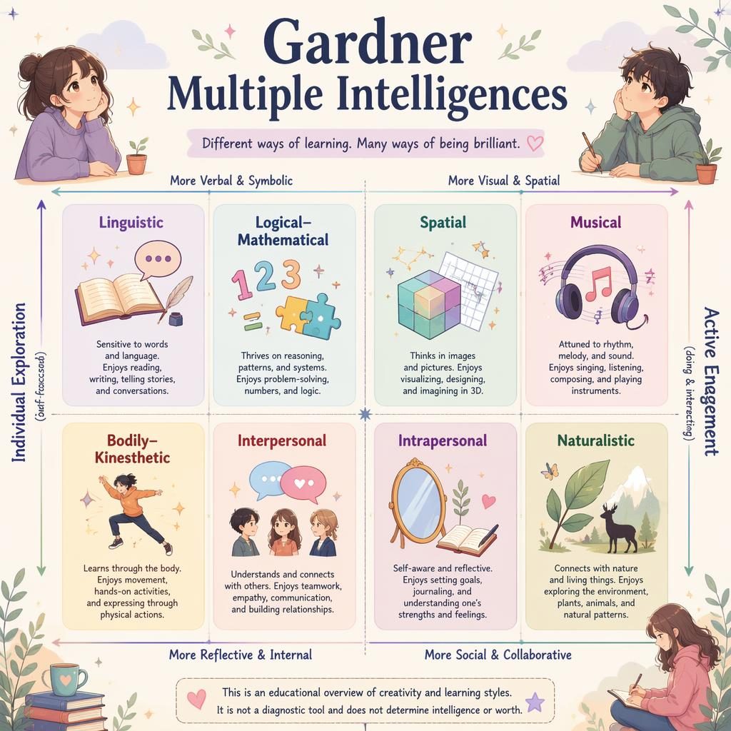 Pastel psychology infographic with a soft 2x2 quadrant and 8 Gardner multiple intelligences cards, icons, captions, and note.