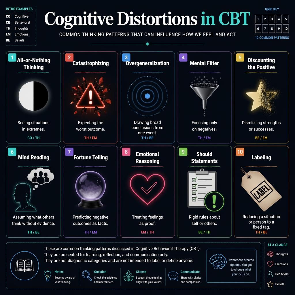 Póster infográfico oscuro con 10 tarjetas numeradas sobre distorsiones cognitivas CBT, iconos claros y notas educativas.