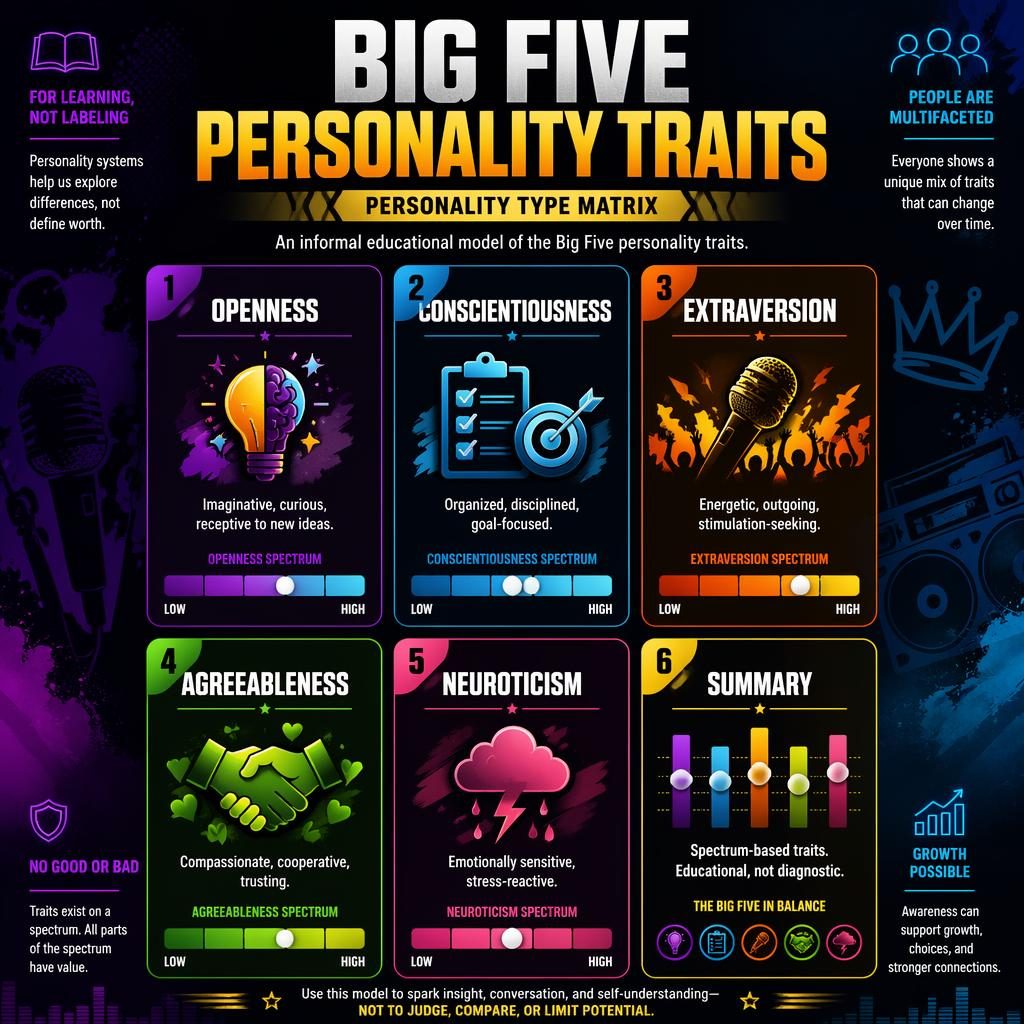 Editorial Big Five personality traits infographic with a 2x3 card matrix, gradient background, icons, spectrum bars, and summary card.