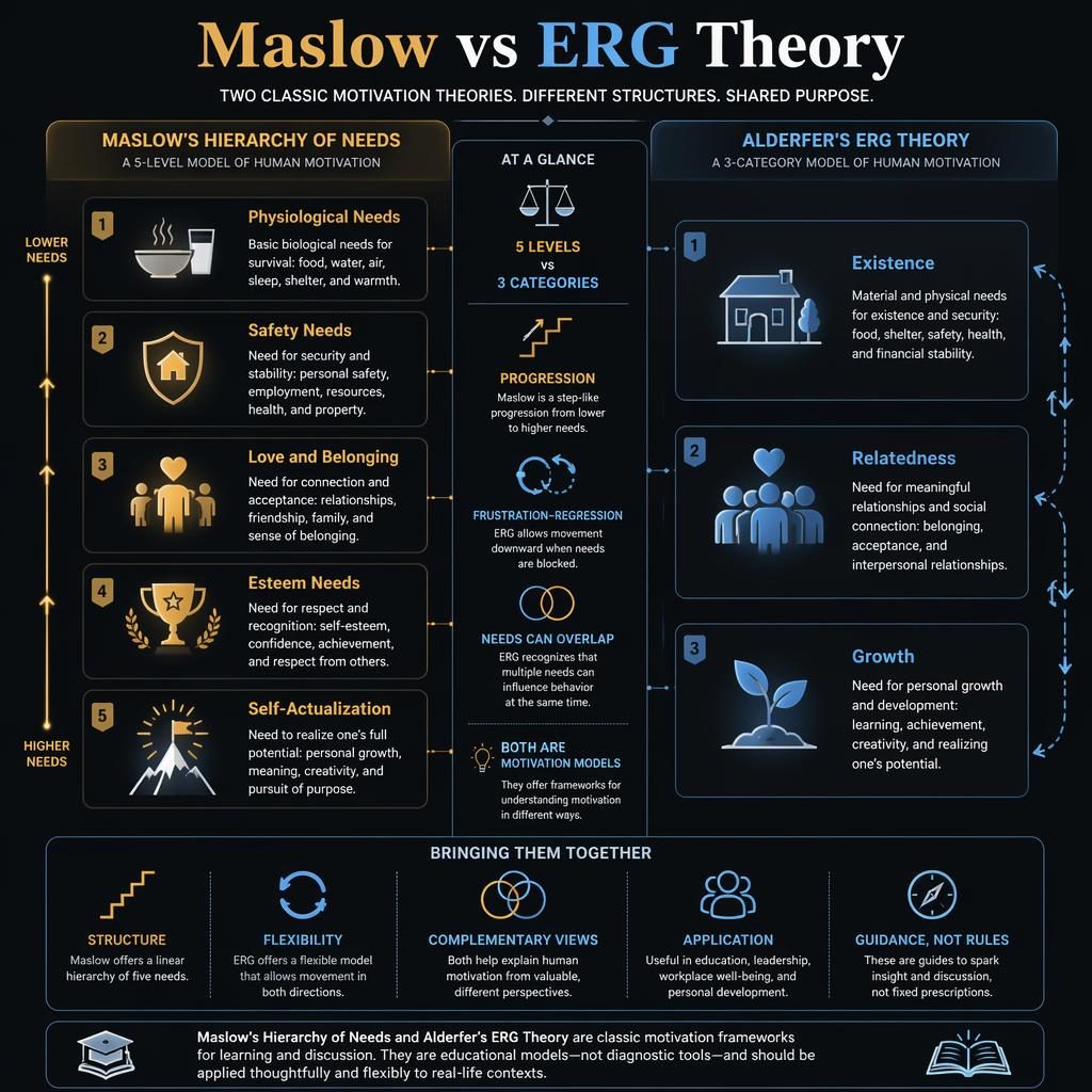 Dark academic infographic comparing Maslow’s 5 needs and ERG’s 3 categories in two columns with icons, arrows, and footer note.