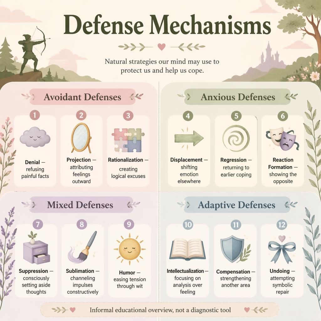 Pastel 2x2 psychology infographic on defense mechanisms with 12 numbered cards, icons, English headings, and footer note.