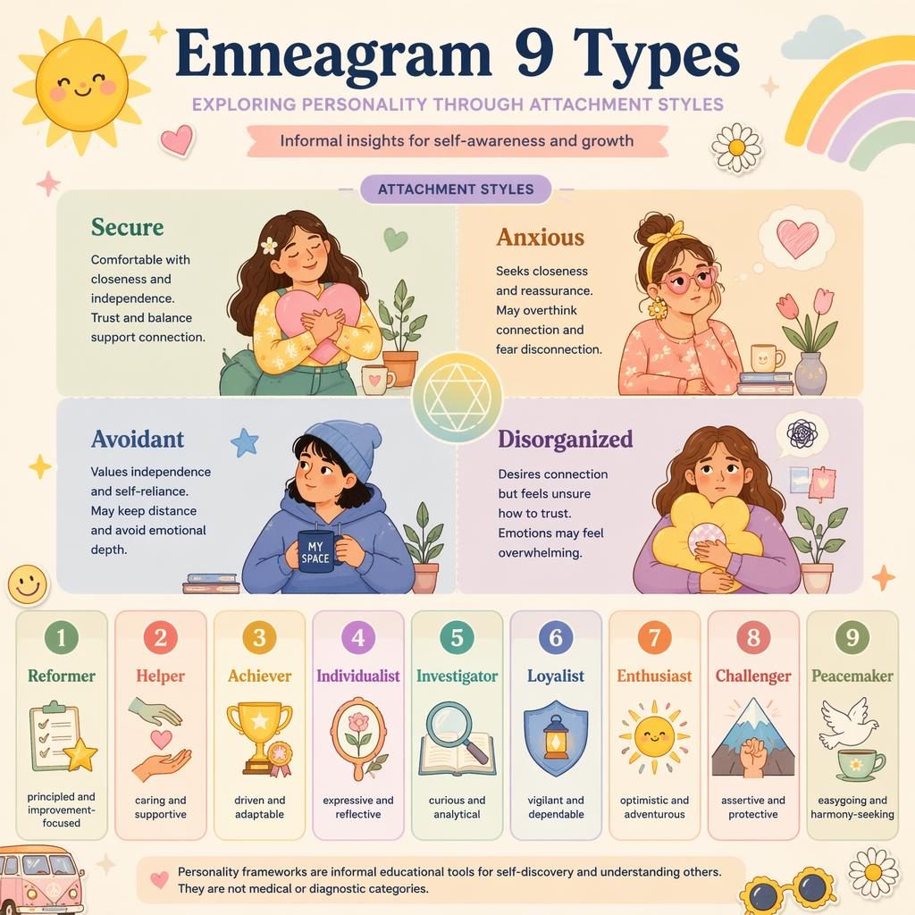 Pastel psychology infographic with a 2x2 attachment styles quadrant and 9 Enneagram type cards with icons and footer note