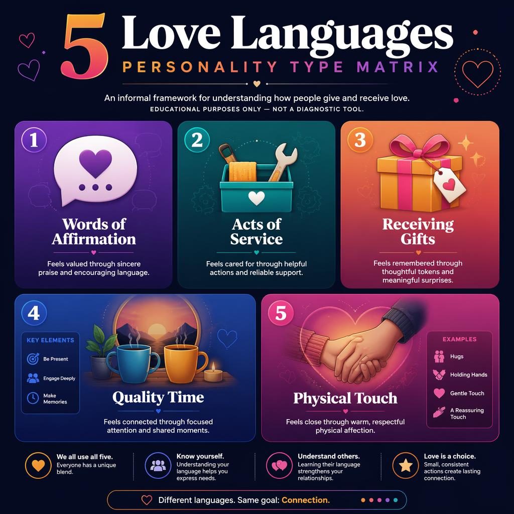 Editorial psychology infographic with 5 numbered love language cards, bold gradients, icons, captions, and modern magazine layout.