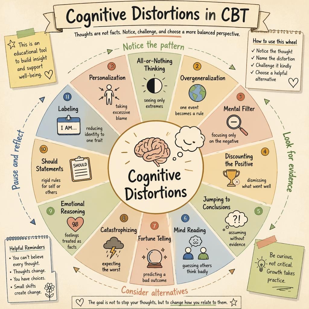 Infografía educativa en rueda sobre distorsiones cognitivas CBT, con cerebro dibujado, iconos, flechas y notas en inglés.