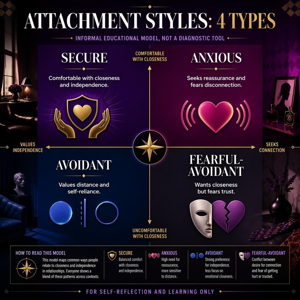 Psychology infographic showing 4 attachment styles in a bold gradient 2x2 quadrant layout with icons, arrows, subtitle, and footer note.