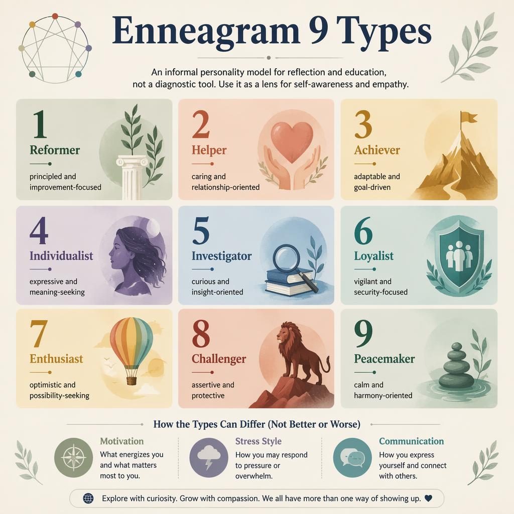 Educational Enneagram 9 types infographic with a clean 3x3 matrix of illustrated type cards, icons, captions, and notes.