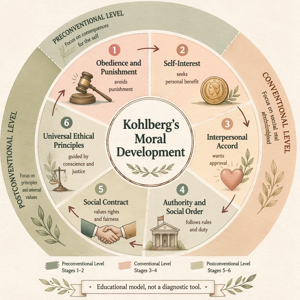 Editorial wheel infographic of Kohlberg's Moral Development with 6 stages, 3 levels, icons, arrows, and footer note.