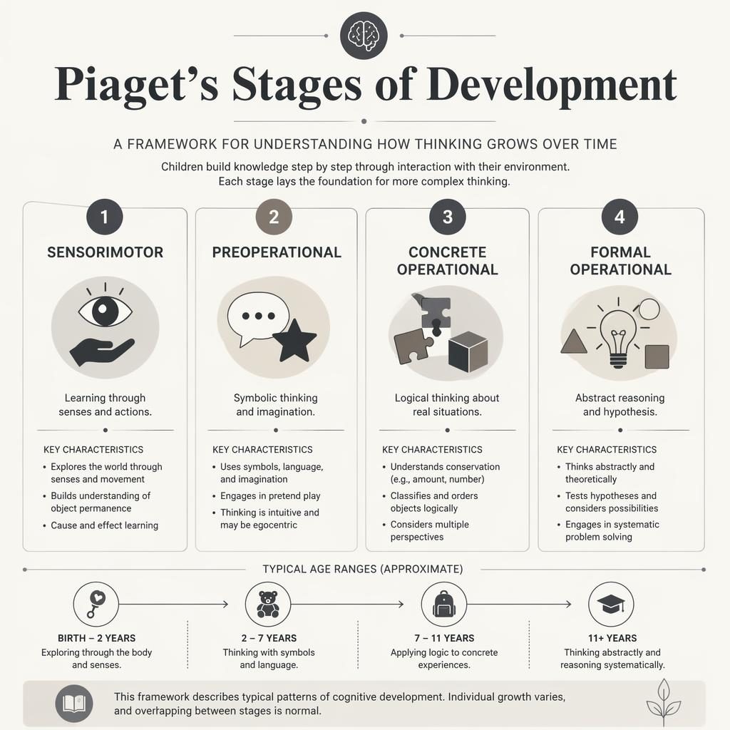 Minimal monochrome infographic poster showing Piaget's 4 stages in a numbered grid with icons, captions, dividers, and age markers.