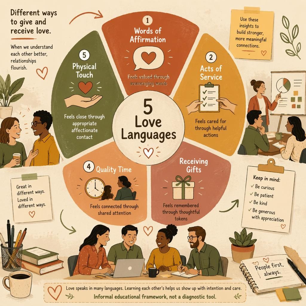 Sketchnote-style psychology wheel infographic on 5 love languages with icons, English captions, warm earth tones, and office motifs.