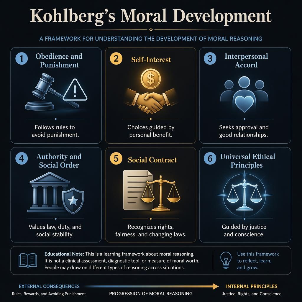 Dark mode psychology infographic with 6 numbered cards showing Kohlberg's moral development stages and icons.