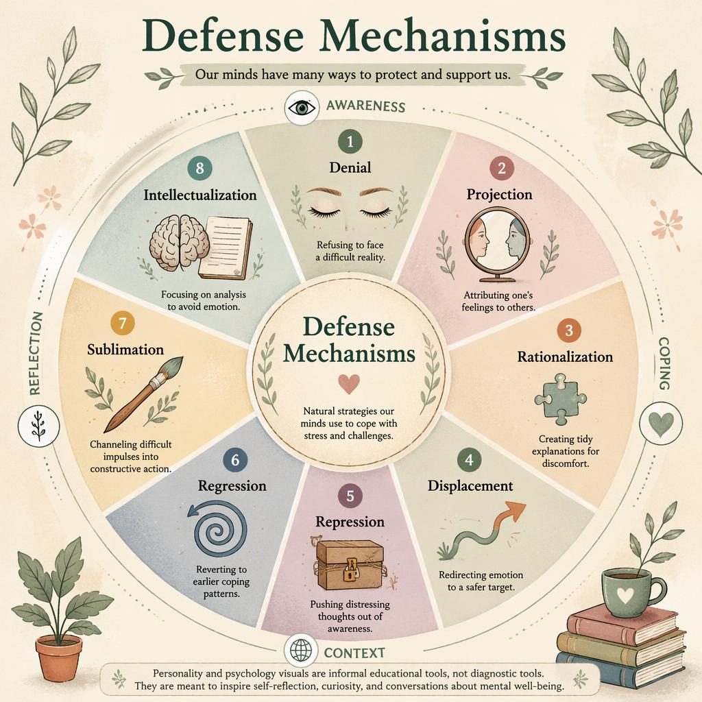 Editorial psychology wheel infographic showing 8 defense mechanisms with icons, captions, and soft sage blush colors.