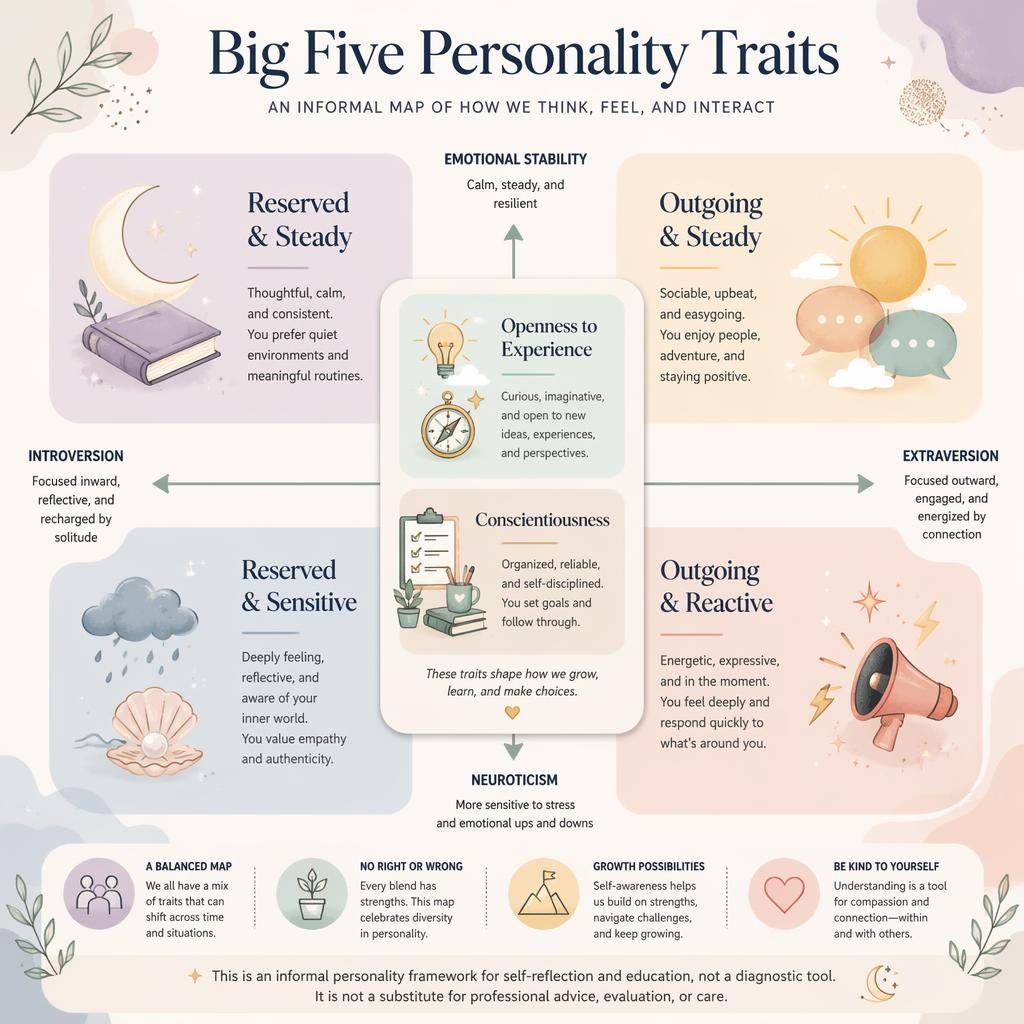 Square pastel infographic map of Big Five personality traits with 2x2 quadrants, center trait cards, icons, and footer note.