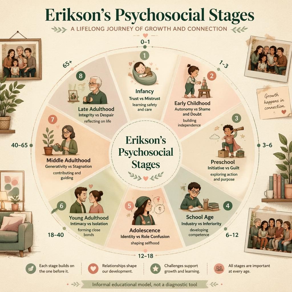 Educational wheel infographic of Erikson's Psychosocial Stages with 8 labeled life-stage segments, icons, age ring, and footer note.