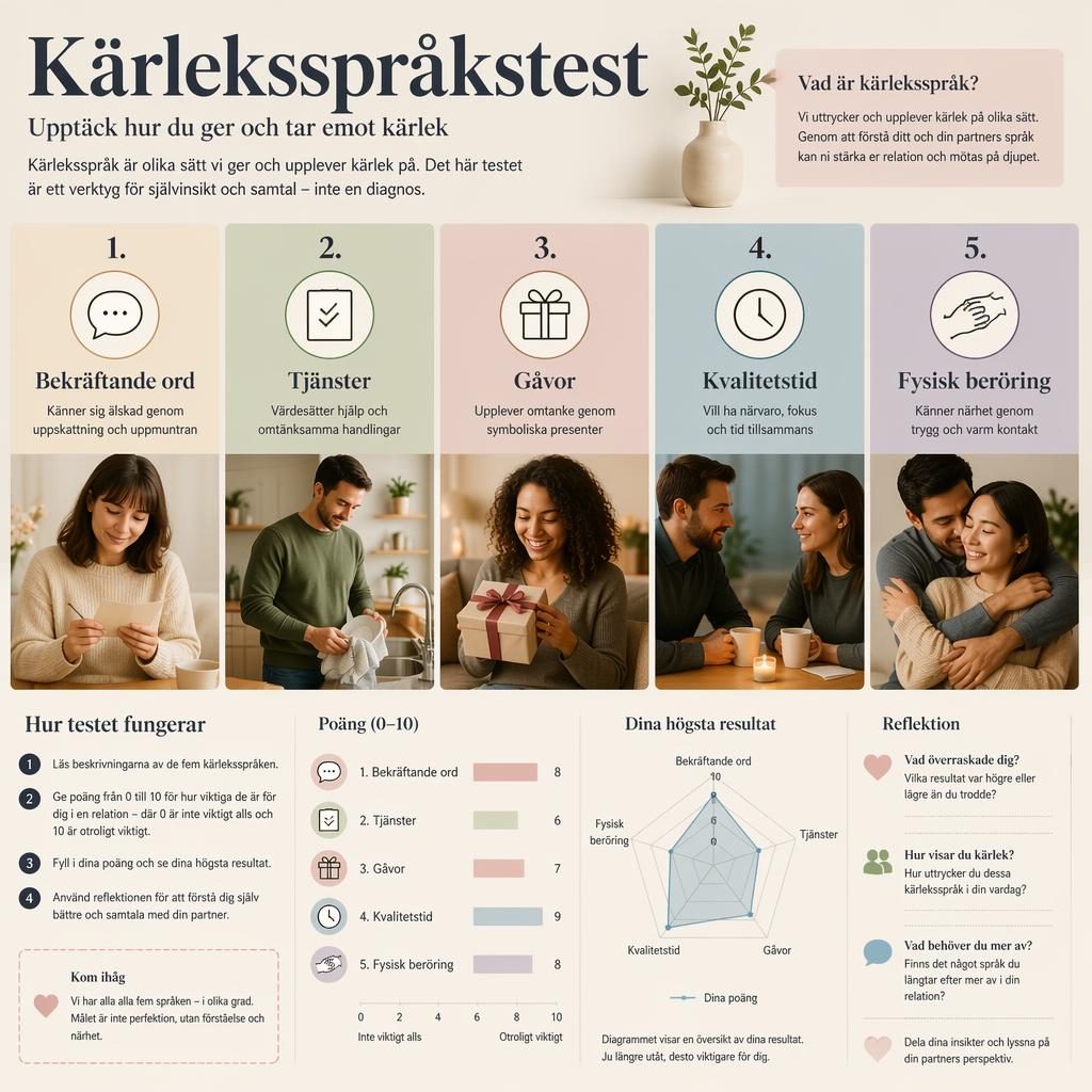 Psykologisk infographic med 5 numrerade kort om kärleksspråk, vuxna personer, pastellfärger, diagram och svensk text.
