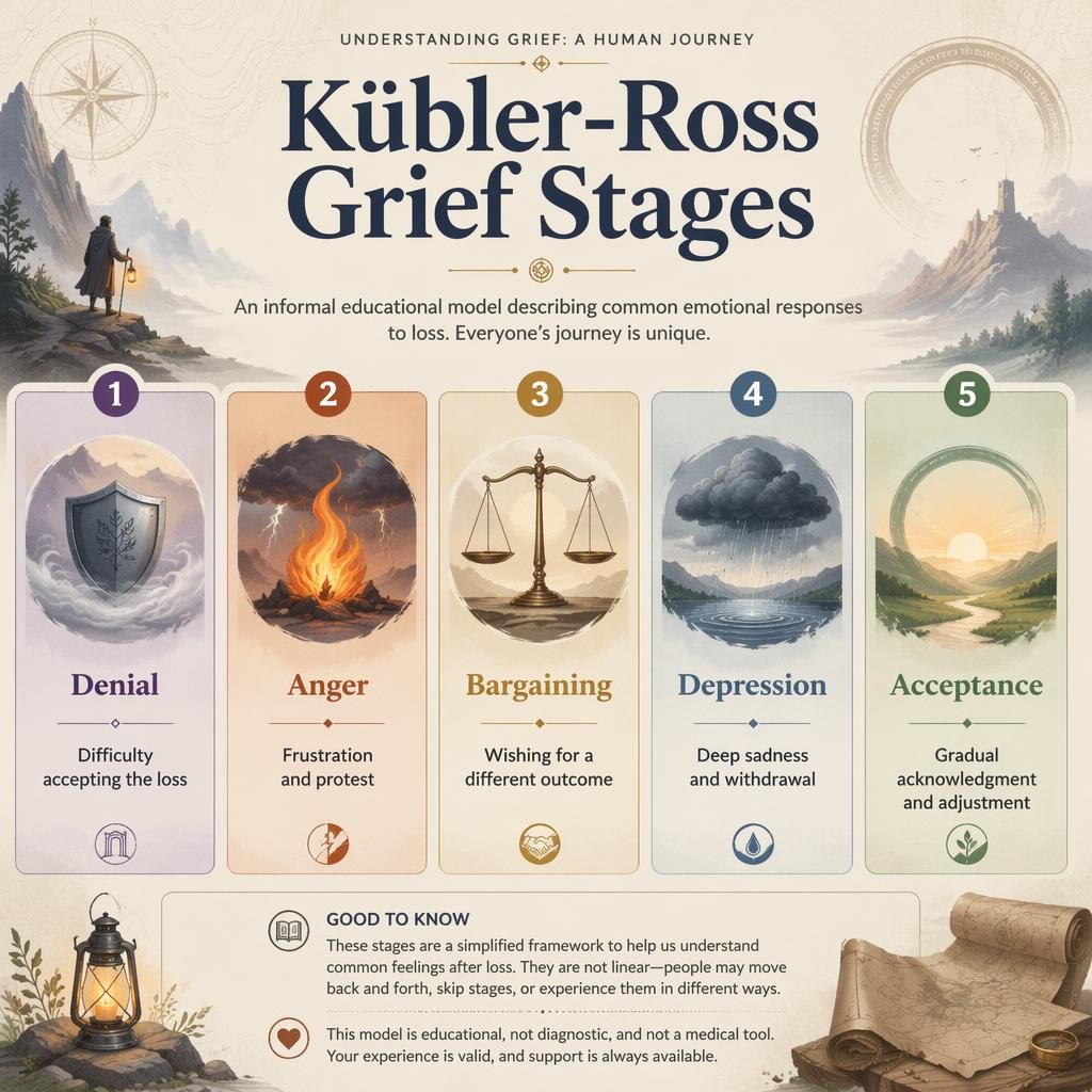 Five-card Kübler-Ross grief stages infographic with numbered icons, muted rainbow colors, calm captions, and abstract quest motifs.